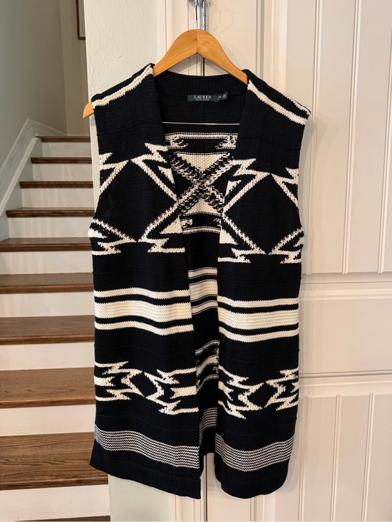 Ralph Lauren Jackets & Blazers - Ralph Lauren Black & White Linen Cotton Blend Knit Aztec Southwest Open Vest S/M